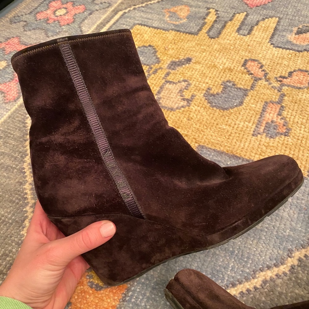 Prada brown suede wedge booties